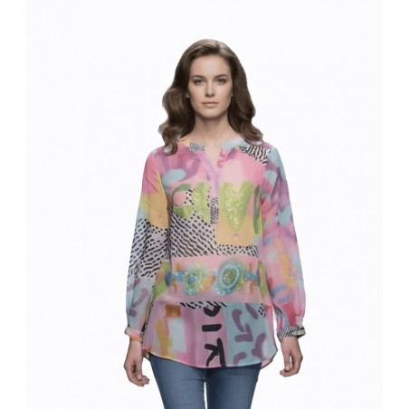 MISSY Camisa larga traslúcida brillos